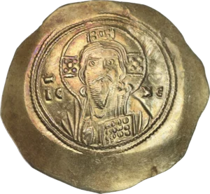 Le Christ avec le nimbe crucigère trônant de face, bénissant de la main droite et tenant les Évangiles.