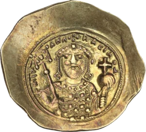 Buste de Michel VII de face barbu, couronné, vêtu du loros, tenant le labarum bouleté un globe crucigère.