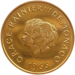 Buste accolés du Prince Rainier III et de Grace Kelly à gauche.