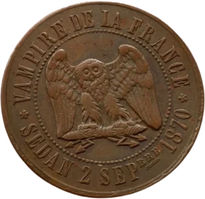 Aigle surmonté d'une tête de chouette sur un foudre d'ou jailli des éclairs.