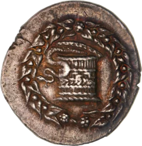 Un serpent sortant d'une ciste, entouré d'une couronne végétale.