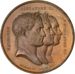 Têtes laurées accolées à droite de Napoléon Ier, Alexandre Ier et Frédéric-Guillaume III.
