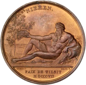 Le dieu fleuve, Niemen, allongé tenant de sa main droite tendue un bâtiment.