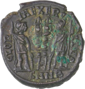 Deux soldats séparés par deux enseignes militaires.