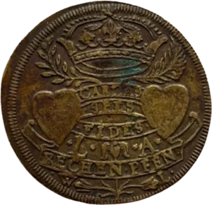 Deux coeurs réunis par une banderole. Au-dessus, deux branches sous la couronne royale.