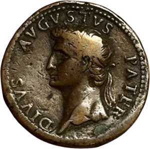 Tête laurée du Divin Auguste à gauche.