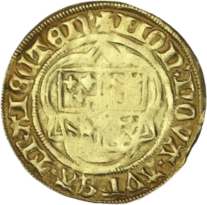 Saint Martin vêtu d'une mitre et d'une chasuble trônant de face sur une chaise au-dessus d’un écu aux armes d’Utrecht.