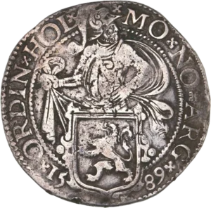 Chevalier passant à gauche, détournant la tête à droite ; dessous un écu au lion.