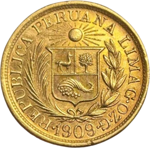 Armoiries du Pérou dans une couronne composée d'une palme et d'une branche de laurier.