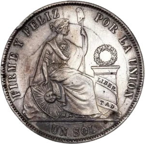 Allégorie du Pérou assise à droite, tenant un sceptre long orné d'un bonnet phrygien et un bouclier.
