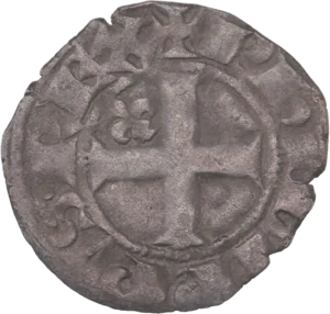 Châtel tournois portant deux annelets à la base, sommé d'une croix et accosté de deux lis.