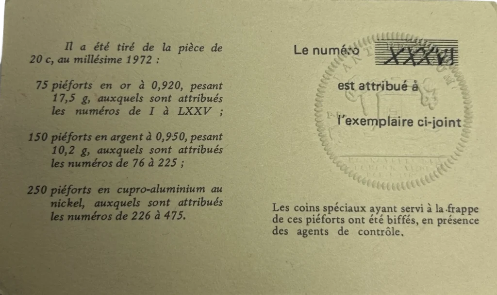 Note : certificat d'authenticité numéro 36 (XXXVI).Seulement 75 exemplaires frappés. Poids théorique donné par la monnaie de paris pour la monnaie en sachet scellé 17,50 grammes.