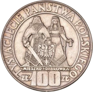 Le roi Mieszko et de la reine Dabrosk debout de face en armes.