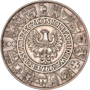 Aigle héraldique entouré de blasons.