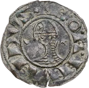 Buste à gauche de Bohémond III entouré d'un croissant de lune et d'une étoile.