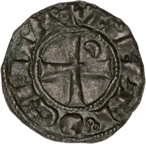 Buste à gauche de Bohémond III entouré d'un croissant de lune et d'une étoile.