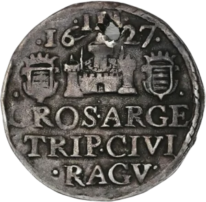 un castel entouré d'armoiries, en dessous, des inscriptions en latin.