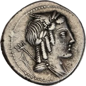 Buste drapé d’une divinité ternaire à droite.