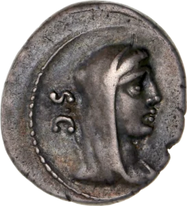 Buste voilé de Vesta à droite.