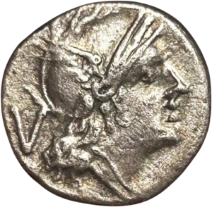 Tête casquée de Roma à droite, "V" derrière la tête.