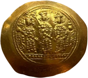 Michael VII au centre tenant un labarum, Constance à gauche et Andronicus à droite.