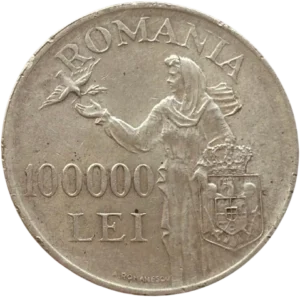 Allégorie de la Roumanie accoudée aux armoiries.