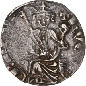 Hugues IV couronné et tenant un sceptre crucigère, assis sur un siège décoré.