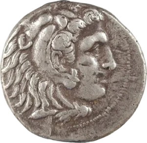 Tête imberbe d’Héraclès à droite, coiffée de la peau de lion.