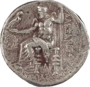 ΑΛΕΞΑΝΔΡΟΥ// ΒΑΣΙΛΕΩΣ. Zeus à demi-nu, assis à gauche, tenant un aigle et un sceptre ; dans le champ, à gauche une couronne et sous le trône (delta) I.