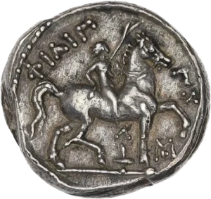 Cavalier tenant une palme allant a droite.