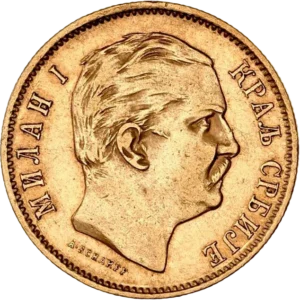 10 dinars couronnés dans une couronne végétale.