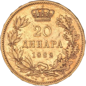 20 dinars couronnés dans une couronne végétale.