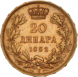20 dinars couronnés dans une couronne végétale.
