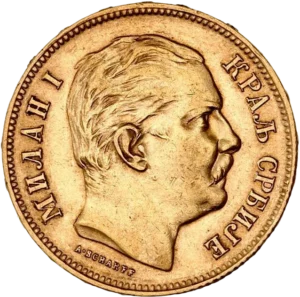 20 dinars couronnés dans une couronne végétale.