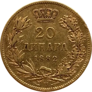 20 dinars couronnés dans une couronne végétale.