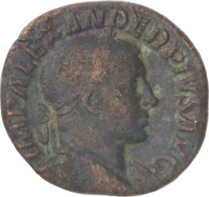 Buste lauré et drapé d'Alexandre Sévère à droite.