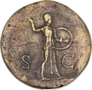 Pallas (Athéna) marchant à droite, coiffée du casque corinthien, vêtue de l'égide et du chiton, brandissant une javeline transversale et tenant un bouclier rond.