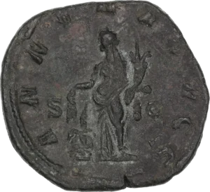 Annona (L'Annone) debout à gauche, tenant deux épis et une corne d'abondance; à ses pieds, un modius.