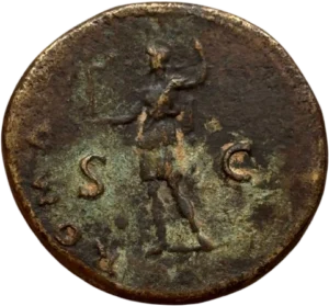 Roma casquée debout à gauche, tenant une victoriola et un sceptre long.