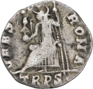 Roma assise à gauche tenant une victoire et un sceptre long.