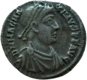 Buste diadèmé, drapé et cuirassé de Magnus Maximus à droite.