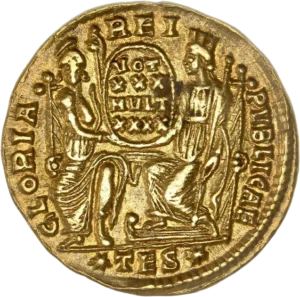 Rome et Constantinople assises de face, tenant ensemble un bouclier sur lequel on lit : VOT/ XXX /MVLT/ XXXX en quatre lignes.