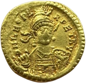 Buste diadémé, casqué et cuirassé de Léon Ier de face, tenant une haste qui repose sur l'épaule et un bouclier orné d'un cavalier chargeant.