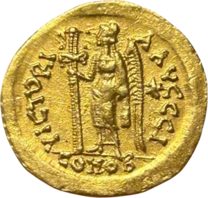 La Victoire debout de face, regardant à gauche, tenant une longue croix ; dans le champ, à droite, une étoile.