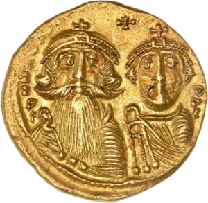 Bustes couronné,drapé et cuirassé d'Héraclius et Héraclius Constantin de face.