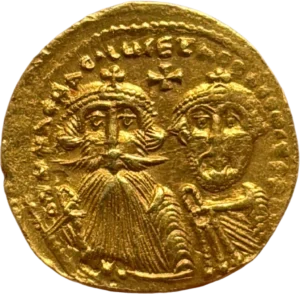 Bustes couronné,drapé et cuirassé d'Héraclius et Héraclius Constantin de face.