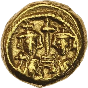 Buste barbu, couronné de Constans II de face, vêtu de la chlamyde, tenant le globe crucigère de la main droite et buste imberbe de Constantin IV, vêtu de la chlamyde