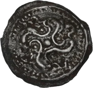 Swastika dextrogyre ornée d'un gros globule central, de quatre petits globules et de quatre petites esses.