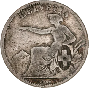 Helvetia assise à gauche tenant le bouclier frappé de la croix helvétique.