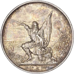 Un faisceau de licteur au centre d'un écusson, posé sur une couronne de branches de chêne et laurier ainsi que deux fusils croisés, le tout surmonté de la croix helvétique rayonnante